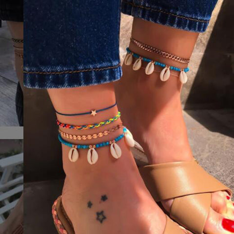 Tocona Layered Gold Shell Pendant Chain Ankle Bracelet On Leg Foot Jewelry