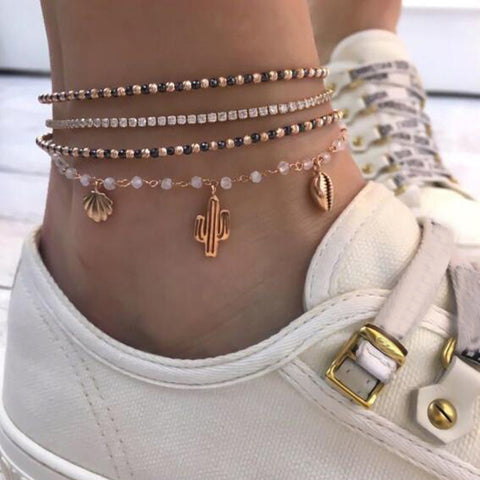 Tocona Layered Gold Shell Pendant Chain Ankle Bracelet On Leg Foot Jewelry