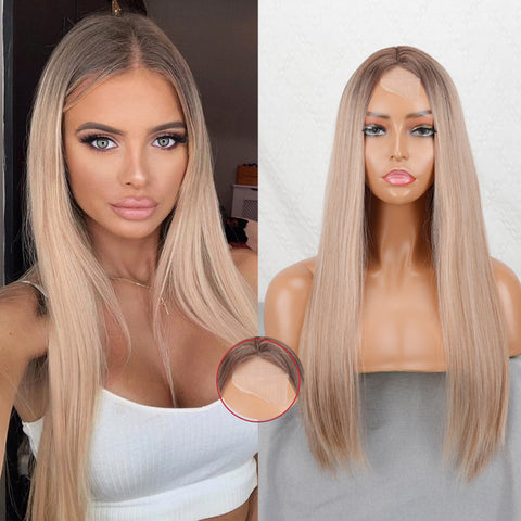 Linghang Long Straight Synthetic Black Mixed Brown and Blonde Long Wig