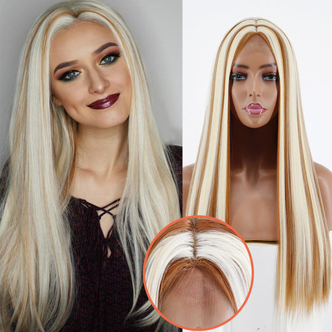 Linghang Long Straight Synthetic Black Mixed Brown and Blonde Long Wig