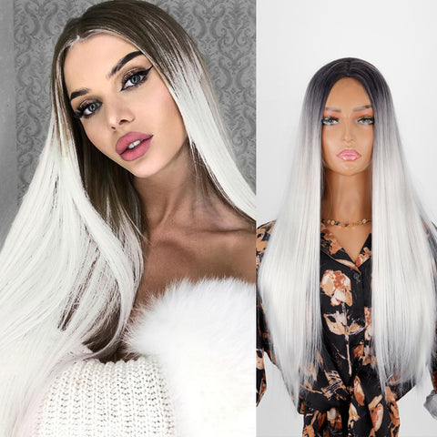 Linghang Long Straight Synthetic Black Mixed Brown and Blonde Long Wig