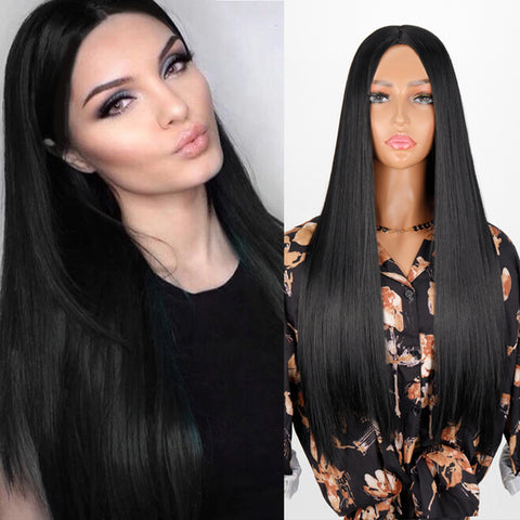 Linghang Long Straight Synthetic Black Mixed Brown and Blonde Long Wig