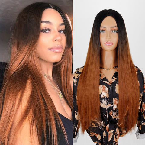 Linghang Long Straight Synthetic Black Mixed Brown and Blonde Long Wig