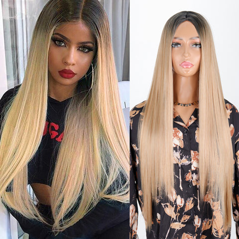 Linghang Long Straight Synthetic Black Mixed Brown and Blonde Long Wig
