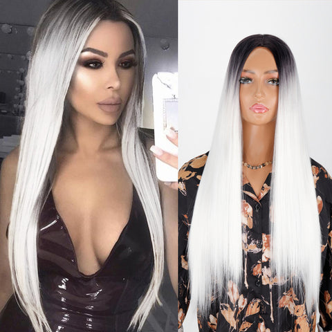 Linghang Long Straight Synthetic Black Mixed Brown and Blonde Long Wig
