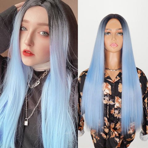 Linghang Long Straight Synthetic Black Mixed Brown and Blonde Long Wig