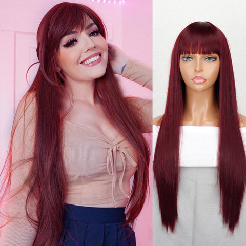 Linghang Long Straight Synthetic Black Mixed Brown and Blonde Long Wig