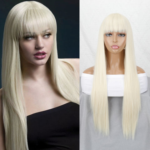 Linghang Long Straight Synthetic Black Mixed Brown and Blonde Long Wig