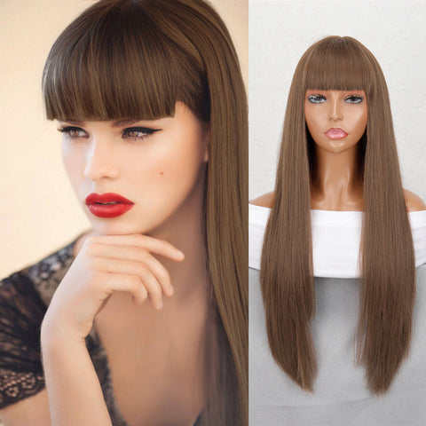 Linghang Long Straight Synthetic Black Mixed Brown and Blonde Long Wig