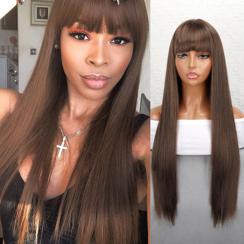 Linghang Long Straight Synthetic Black Mixed Brown and Blonde Long Wig
