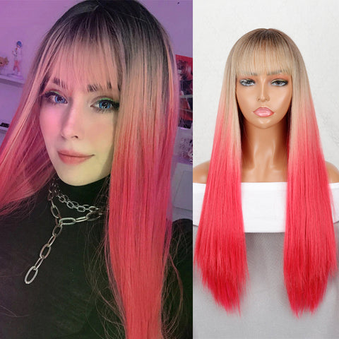 Linghang Long Straight Synthetic Black Mixed Brown and Blonde Long Wig