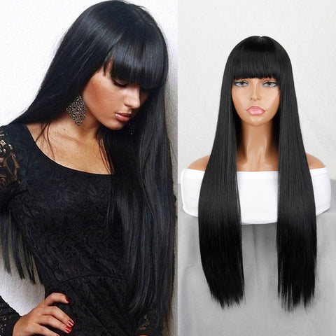 Linghang Long Straight Synthetic Black Mixed Brown and Blonde Long Wig