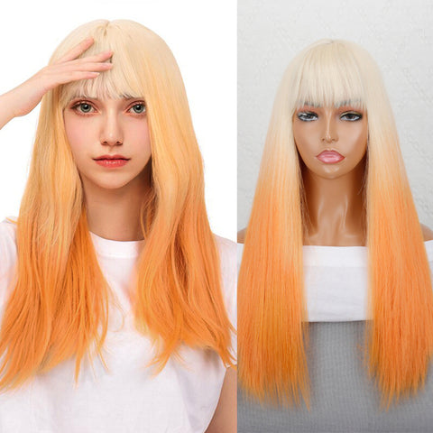 Linghang Long Straight Synthetic Black Mixed Brown and Blonde Long Wig