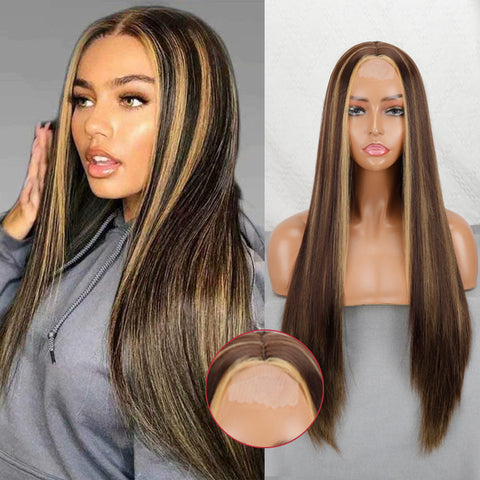 Linghang Long Straight Synthetic Black Mixed Brown and Blonde Long Wig