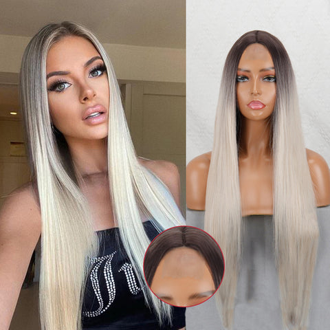 Linghang Long Straight Synthetic Black Mixed Brown and Blonde Long Wig