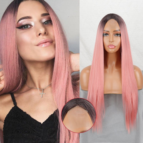 Linghang Long Straight Synthetic Black Mixed Brown and Blonde Long Wig