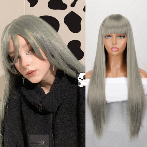 Linghang Long Straight Synthetic Black Mixed Brown and Blonde Long Wig