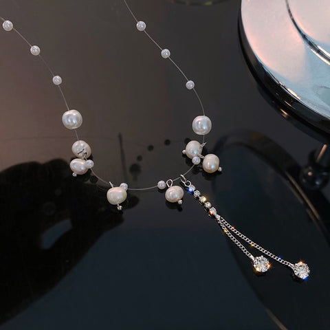 New short necklace natural pearl flash diamond tassel necklace women