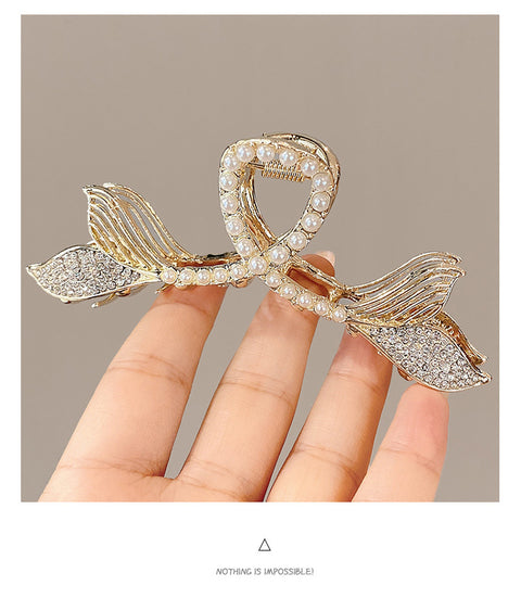 New double fish tail pearl large grab rhinestone shark clip