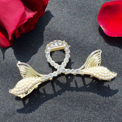 New double fish tail pearl large grab rhinestone shark clip