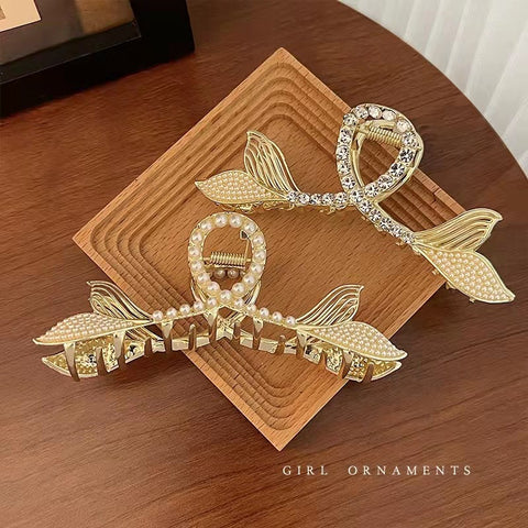 New double fish tail pearl large grab rhinestone shark clip