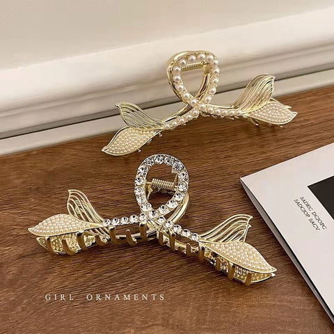 New double fish tail pearl large grab rhinestone shark clip