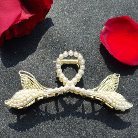 New double fish tail pearl large grab rhinestone shark clip