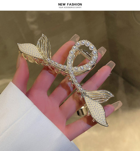 New double fish tail pearl large grab rhinestone shark clip